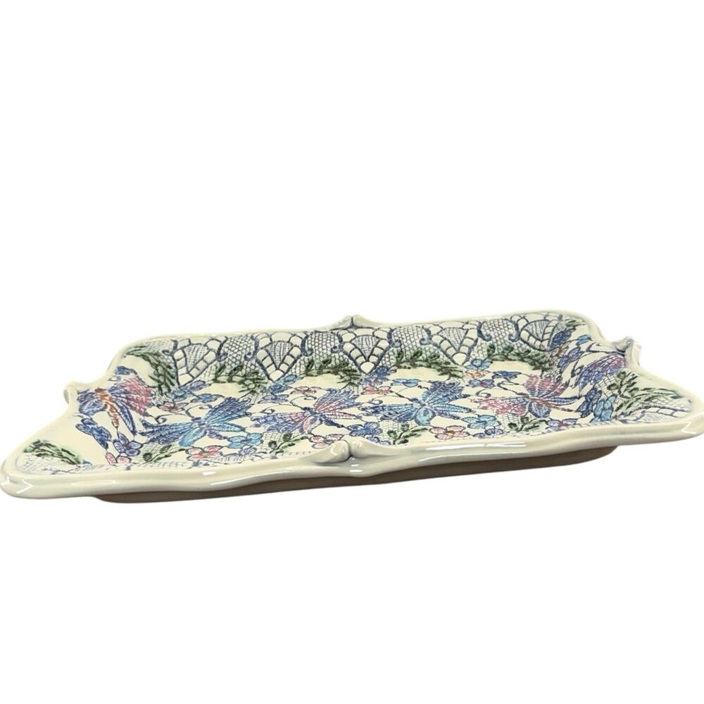 Ceramic Butterfly Floral Platter 14x11 Lace Motif Tray Purple Blue Pink Green - Picture 2 of 6